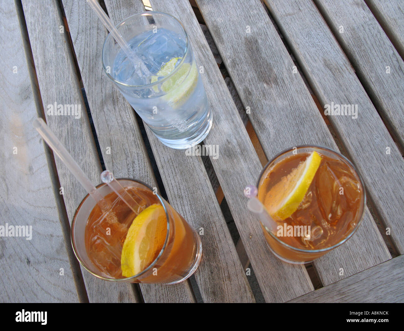Three refreshing drinks on a table at Hotel Tresanton St Mawes Cornwall England UK Stock Photo