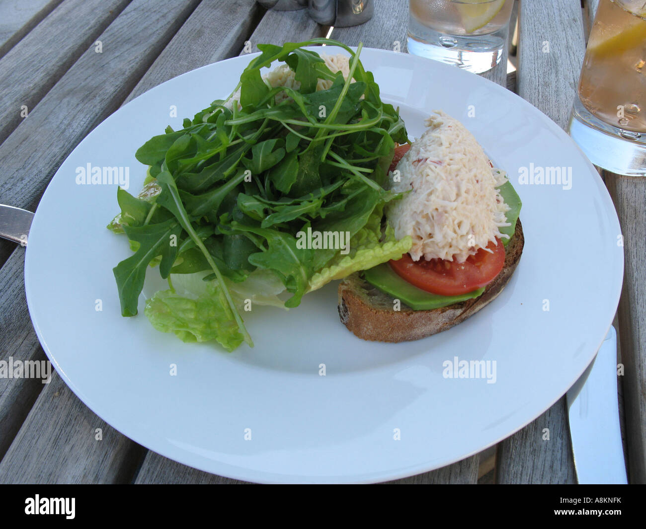Crab sandwich on a table at Hotel Tresanton St Mawes Cornwall England UK Stock Photo