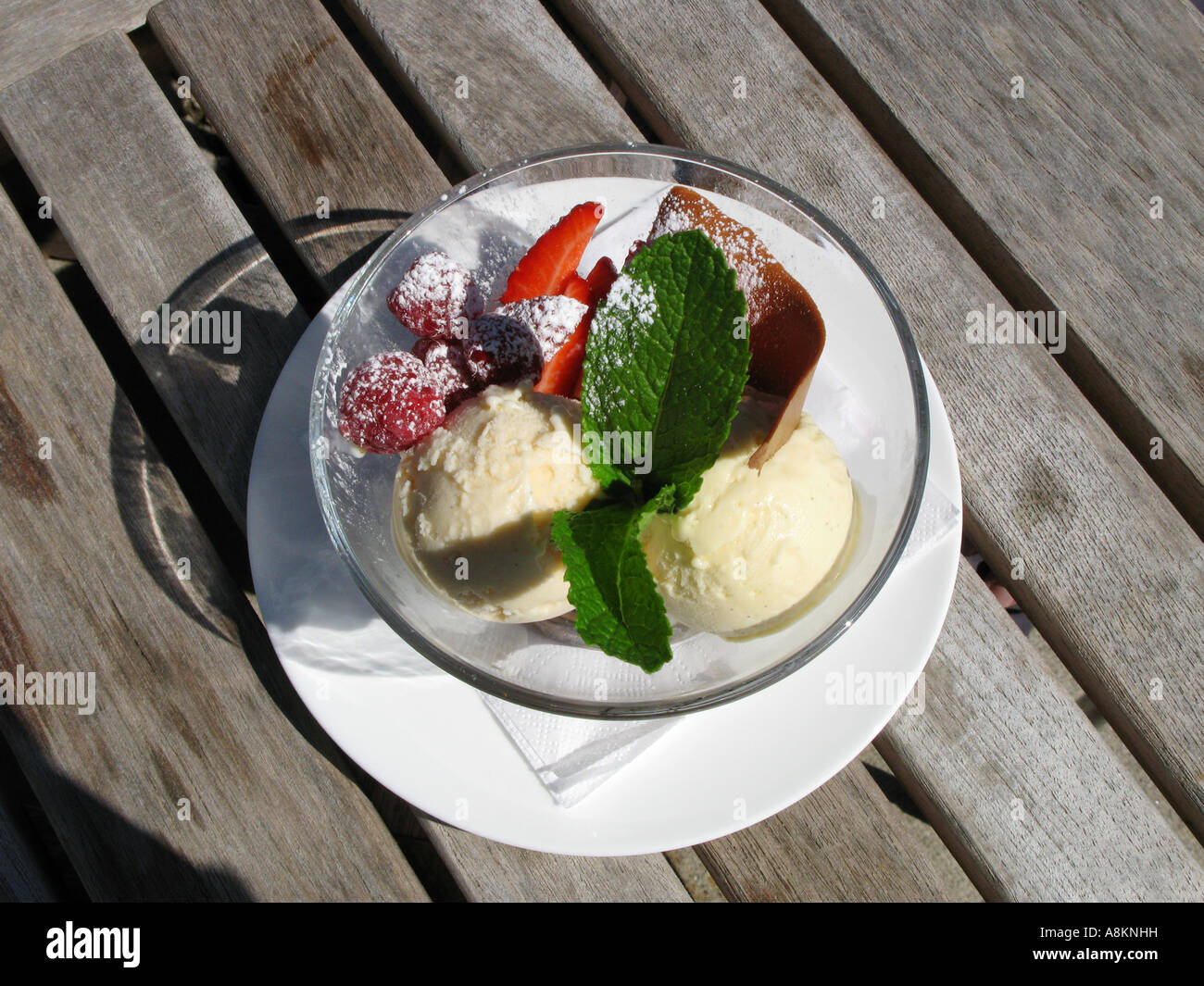 Bowl of ice cream on a table at Hotel Tresanton St Mawes Cornwall England UK Stock Photo