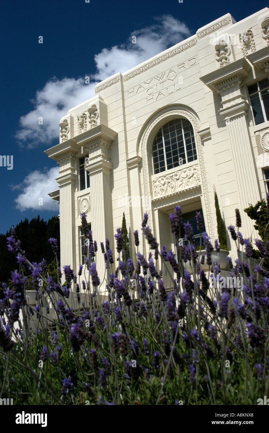 Marble City Hall building with lavender plants in Northern California