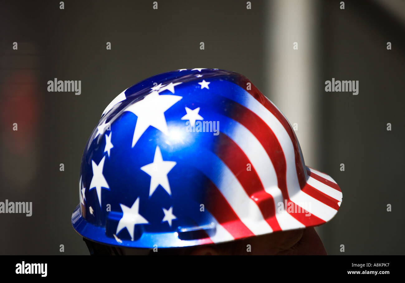 HARDHAT WITH AMERICAN FLAG Stock Photo