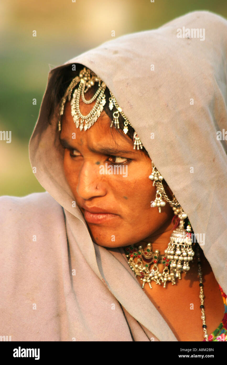 A Mir tribal woman wearing tradional jewellery ,Gujarat,India Stock Photo
