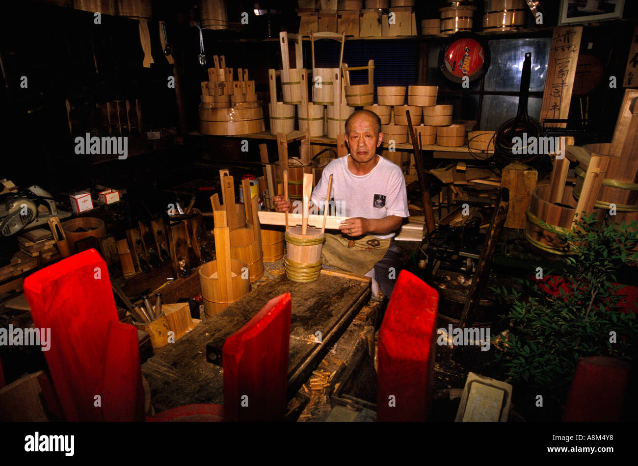Traditional Japanese wooden bath bucket maker Nishijin District Stock