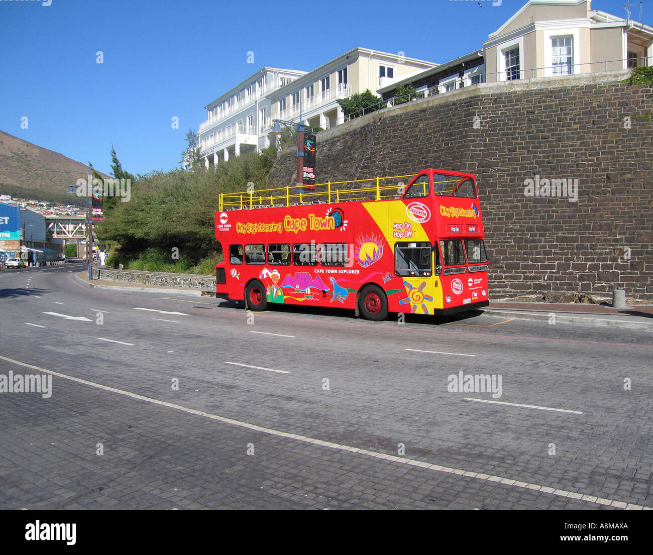 Open Topped Red and Yellow Tourist Bus Outside V and A Waterfront Cape