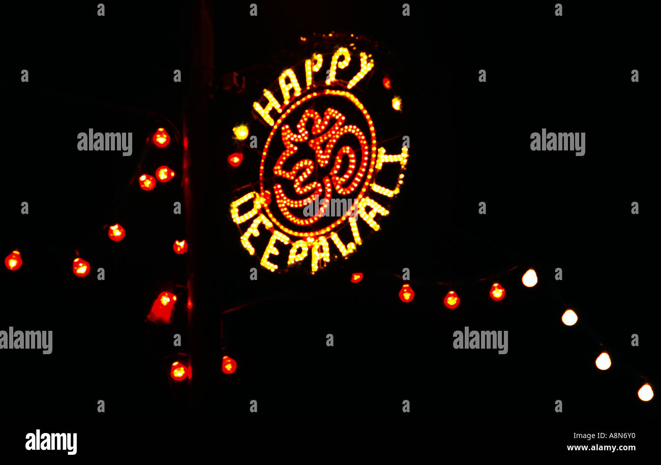 Bradford England Happy Diwali and Om Sign and Coloured Lights in Street Stock Photo