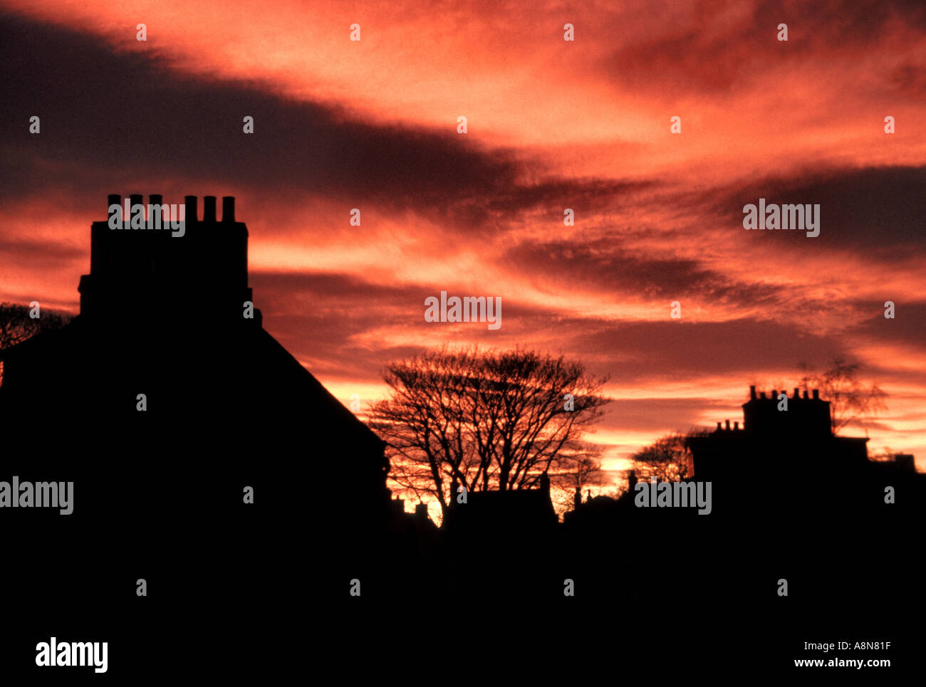 Dramatic sunset over the rooftops of Old Aberdeen Scotland Stock Photo