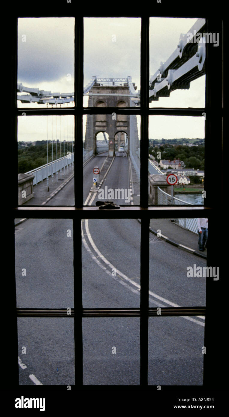 The Menai Bridge viewed from inside the bridgemasters house Stock Photo