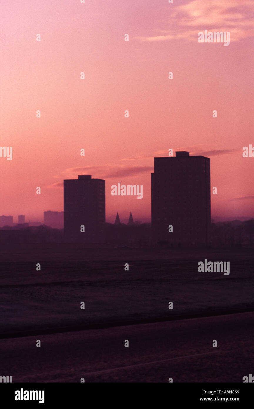 Sunset over tower blocks near the shore in Aberdeen Scotland Stock Photo