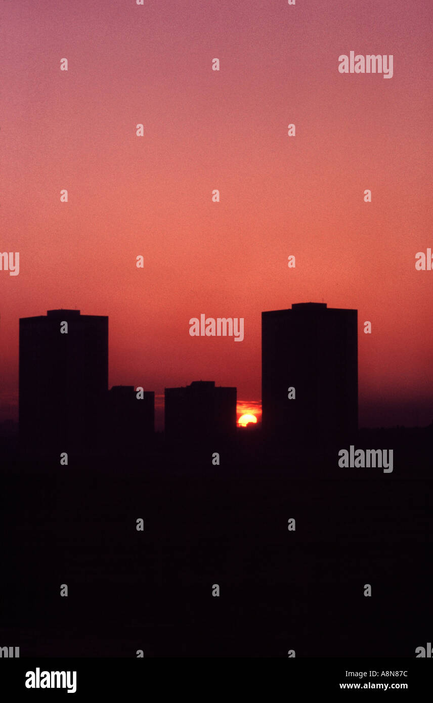 Sunset over tower blocks near the shore in Aberdeen Scotland Stock Photo