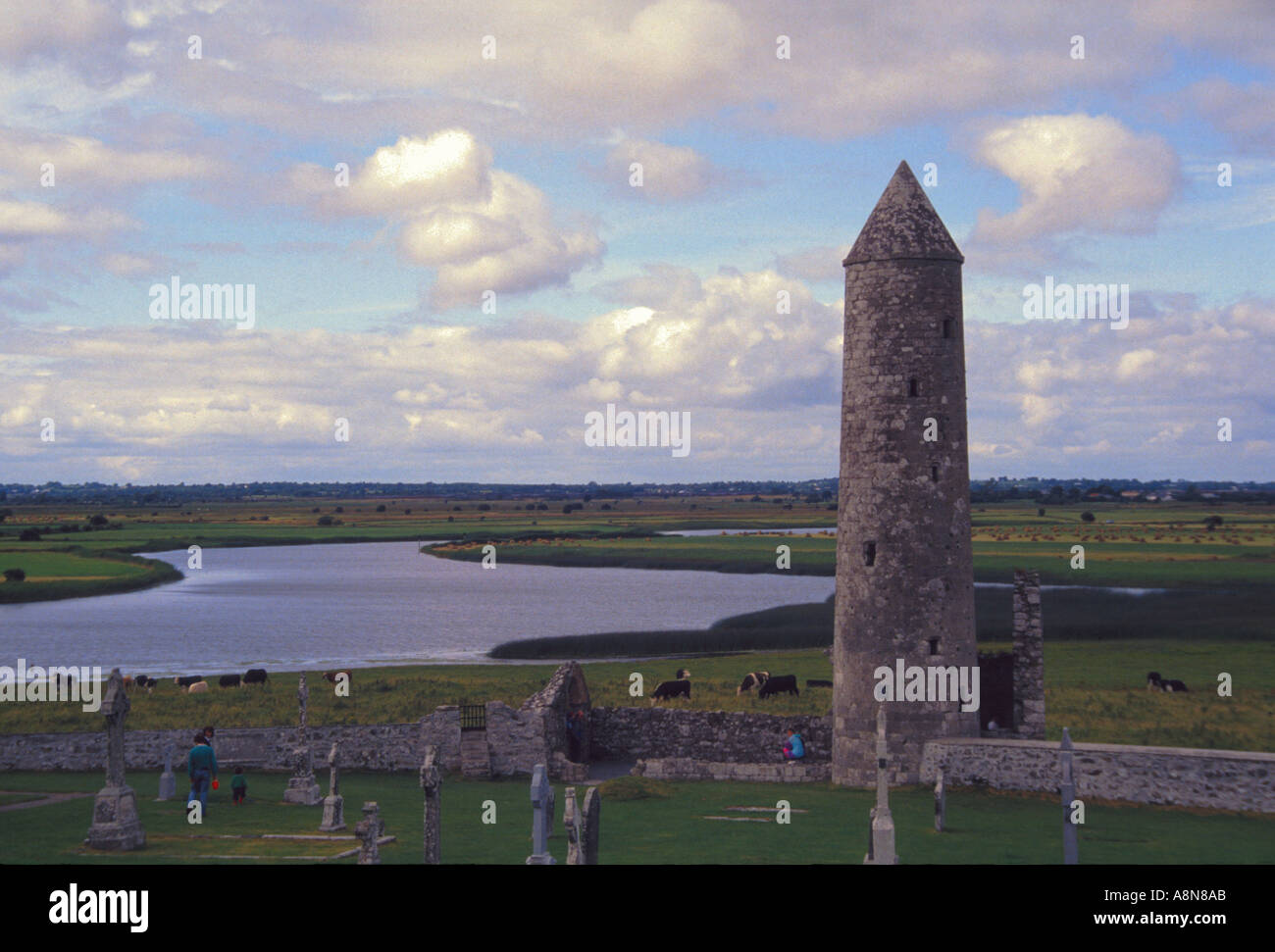 Round tower and River Shannon at Clonmacnois Co Offaly Ireland  Stock Photo