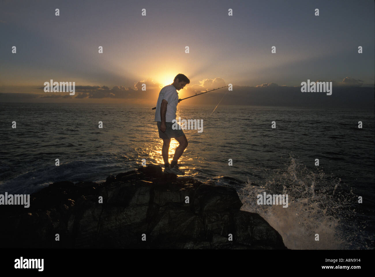 Male fisherman rock fishing for bream at sunrise on cliffs near Noosa Queensland Australia Stock Photo