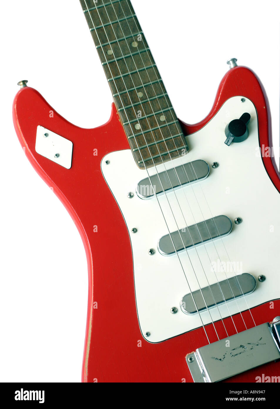 Vox Dominator guitar - classic British electric guitar in red and white, 1960s,sound of the sixties. Old vox guitar - stratocaster copy Stock Photo