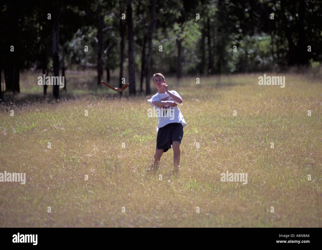 BOY THROWING A BOOMERANG Stock Photo Alamy