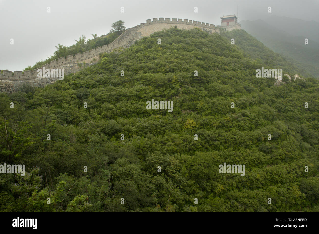 Lush foliage of trees surrounding the Great Wall at Juyongguan Gate, near Badaling, Beijing, China. Stock Photo