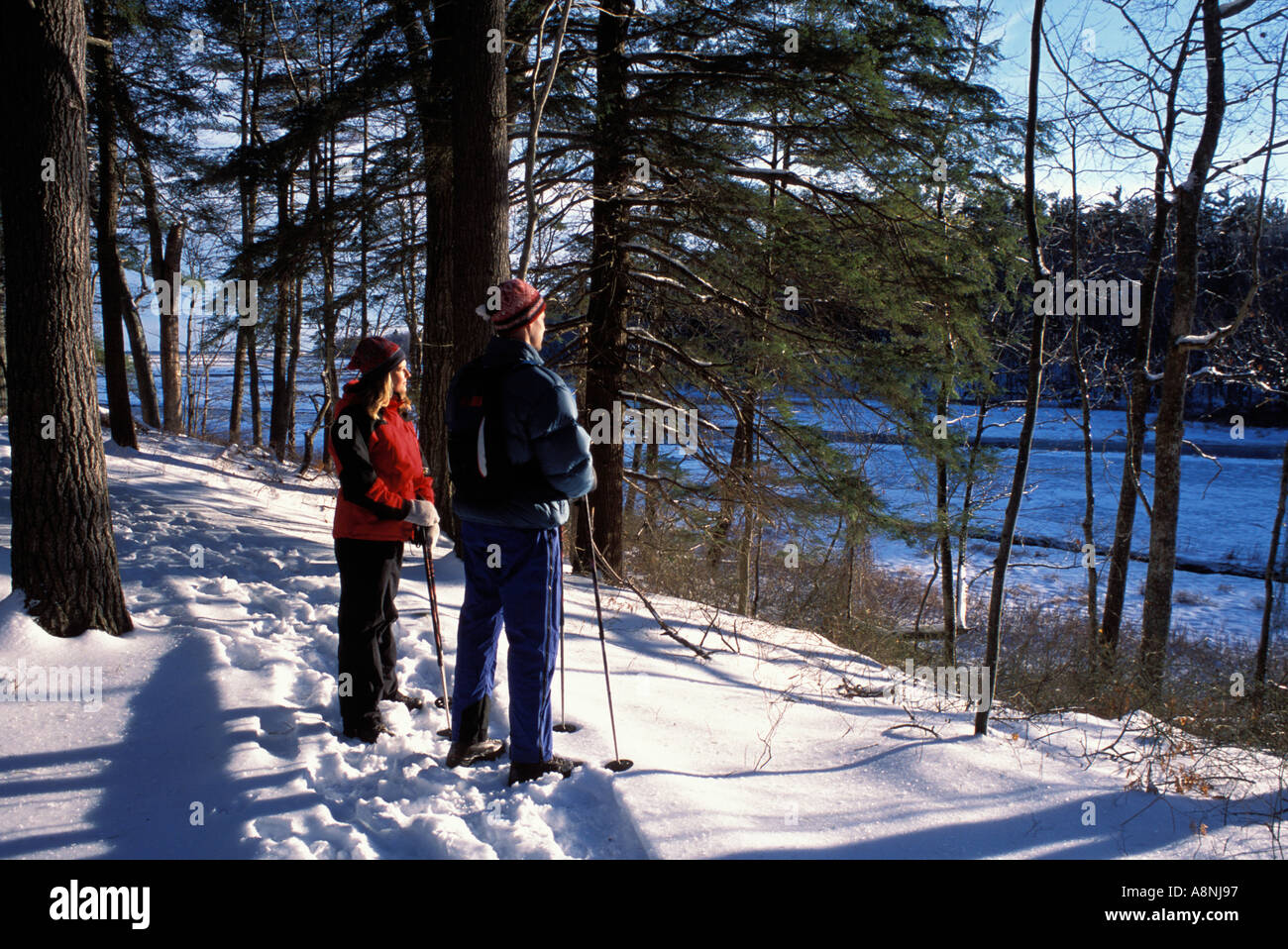 Wells ME Winter hiking in the Rachel Carson National Wildlife Refuge  Stock Photo
