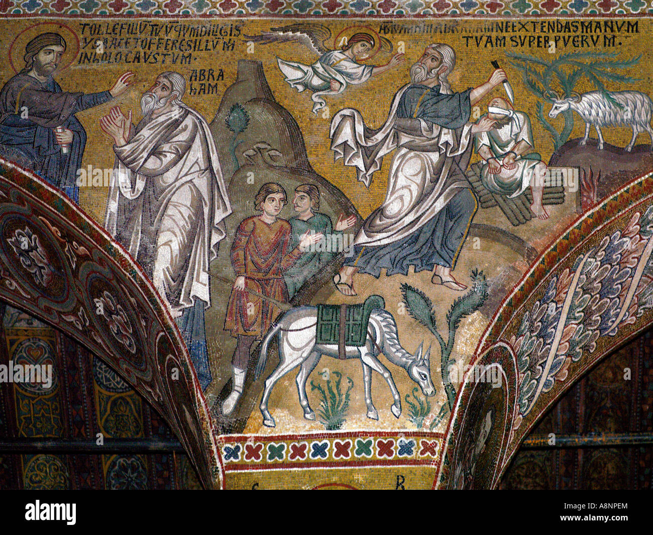 Palermo Sicily Italy The Palatine Chapel in the Norman Palace Mosaic in the Aisles The Sacrifice of Isaac Stock Photo