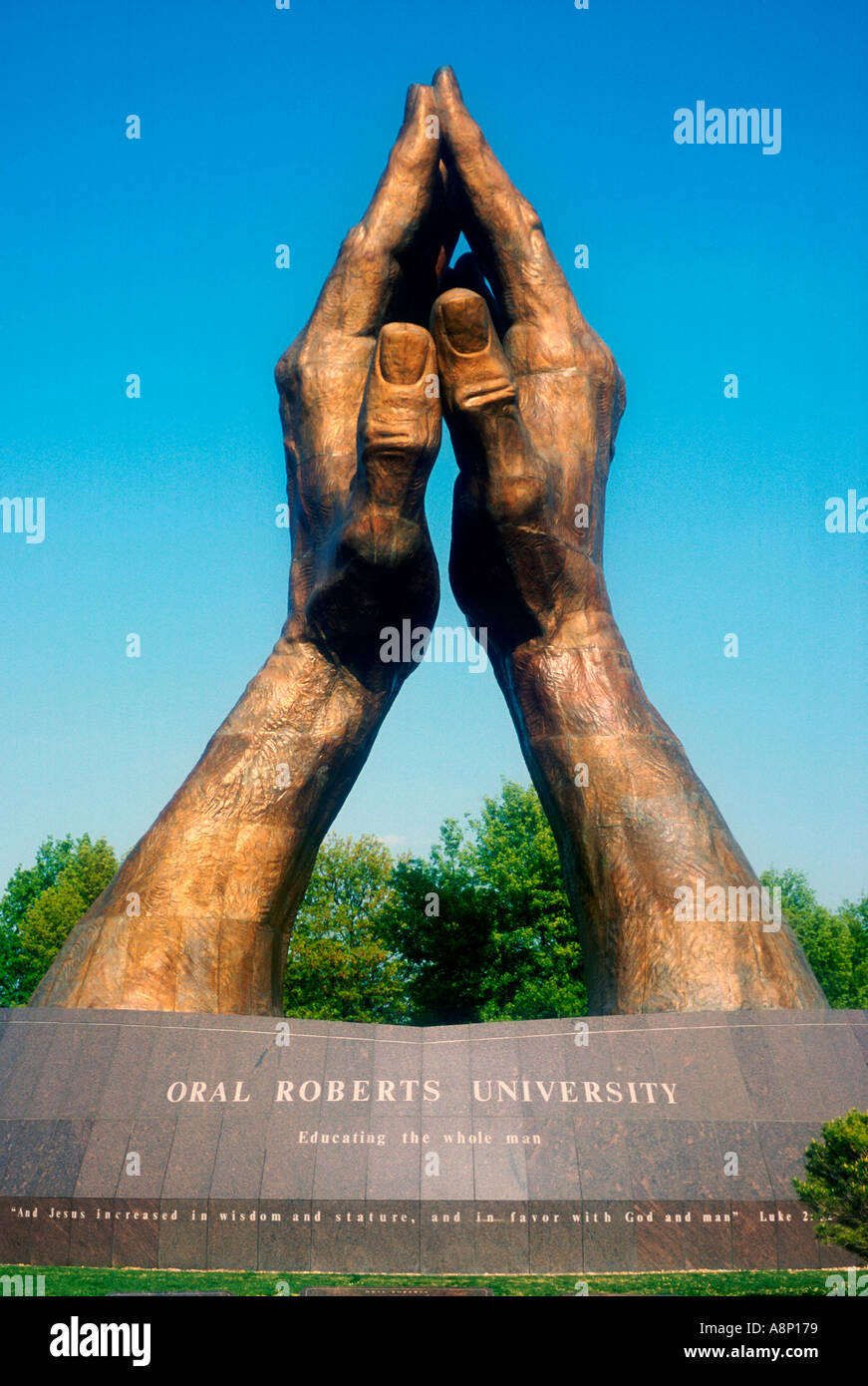 Giant Praying Hands bronze statue at Oral Roberts University in Tulsa