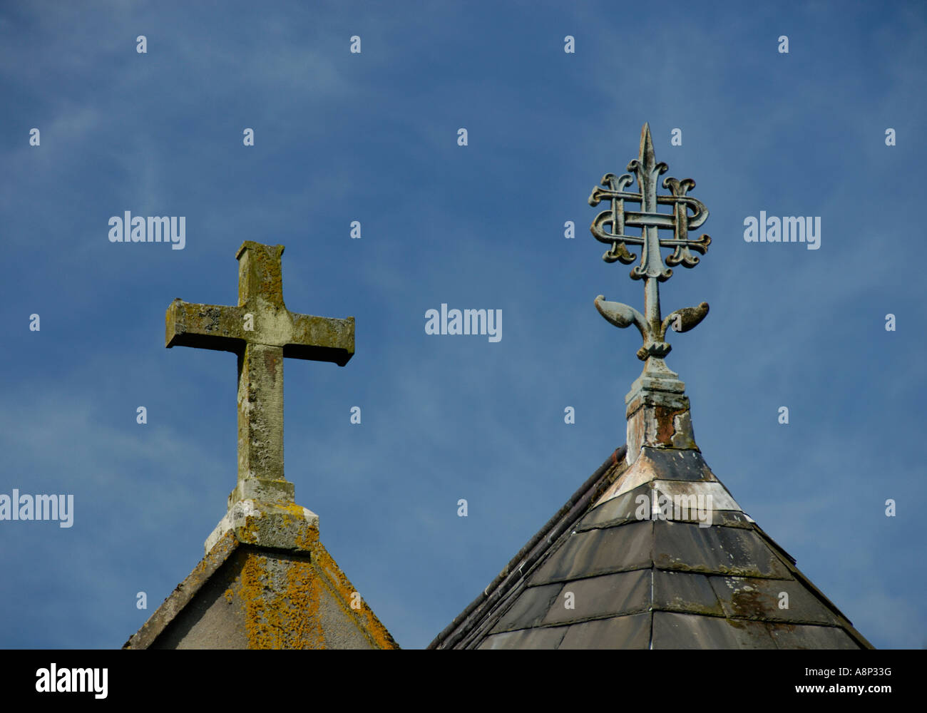 Cross and IHS monogram, Church of Saint Bartholomew, Loweswater. Lake Dsitrict National Park, Cumbria, England, U.K., Europe. Stock Photo