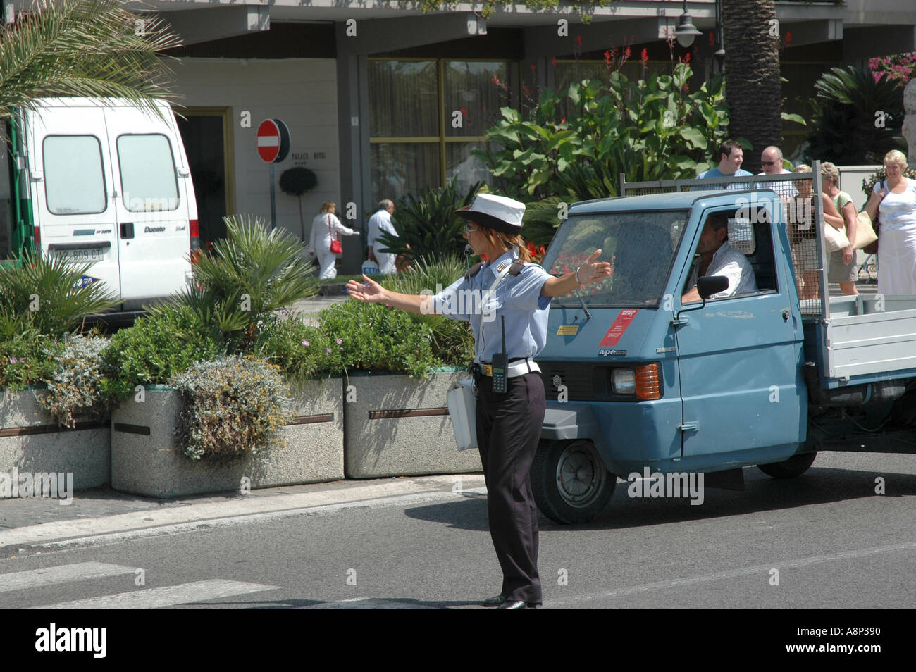 Police officer directing traffic Maori Amalfi coast Stock Photo