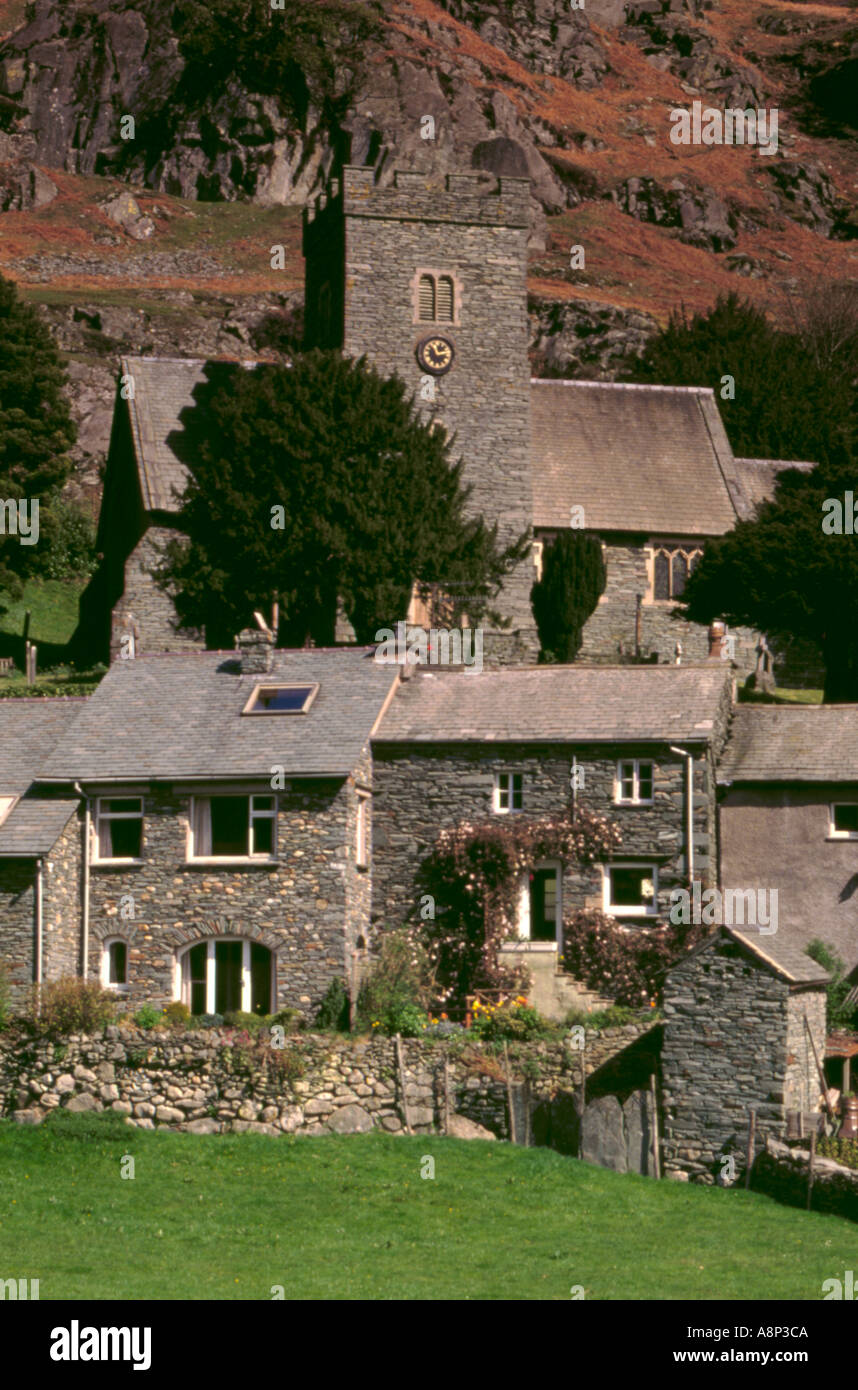 Traditional stone cottages, village of Chapel Stile, Langdale, Lake District National Park, Cumbria, England, UK. Stock Photo