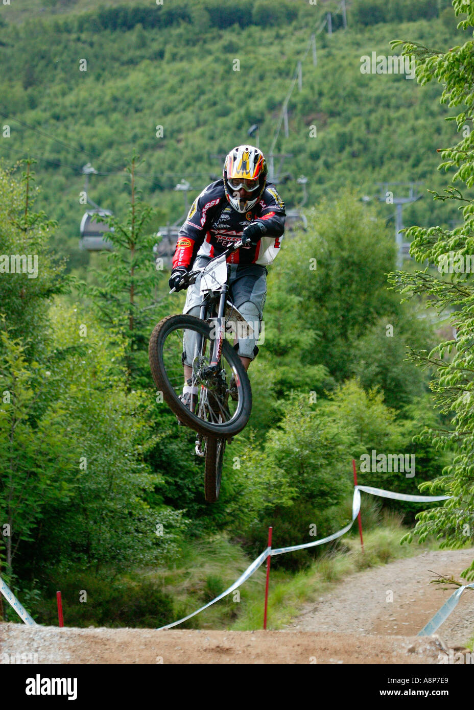 Mountain bike rider competing in UCI championships Fort William