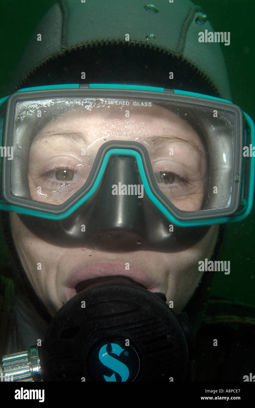 Face of a woman scuba diver off Costa Rica, Catalina Islands Stock Photo