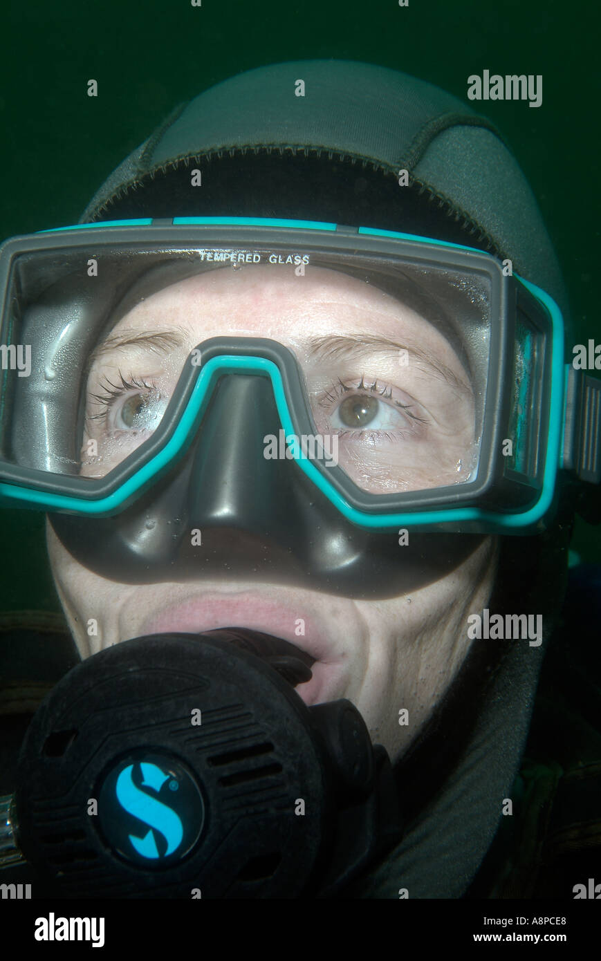 Face of a woman scuba diver off Costa Rica, Catalina Islands Stock Photo