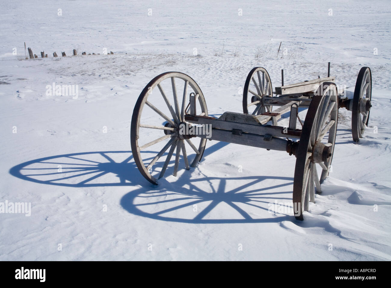 Wagon chassis along the shore at Fayette Michigan State Park in winter Stock Photo