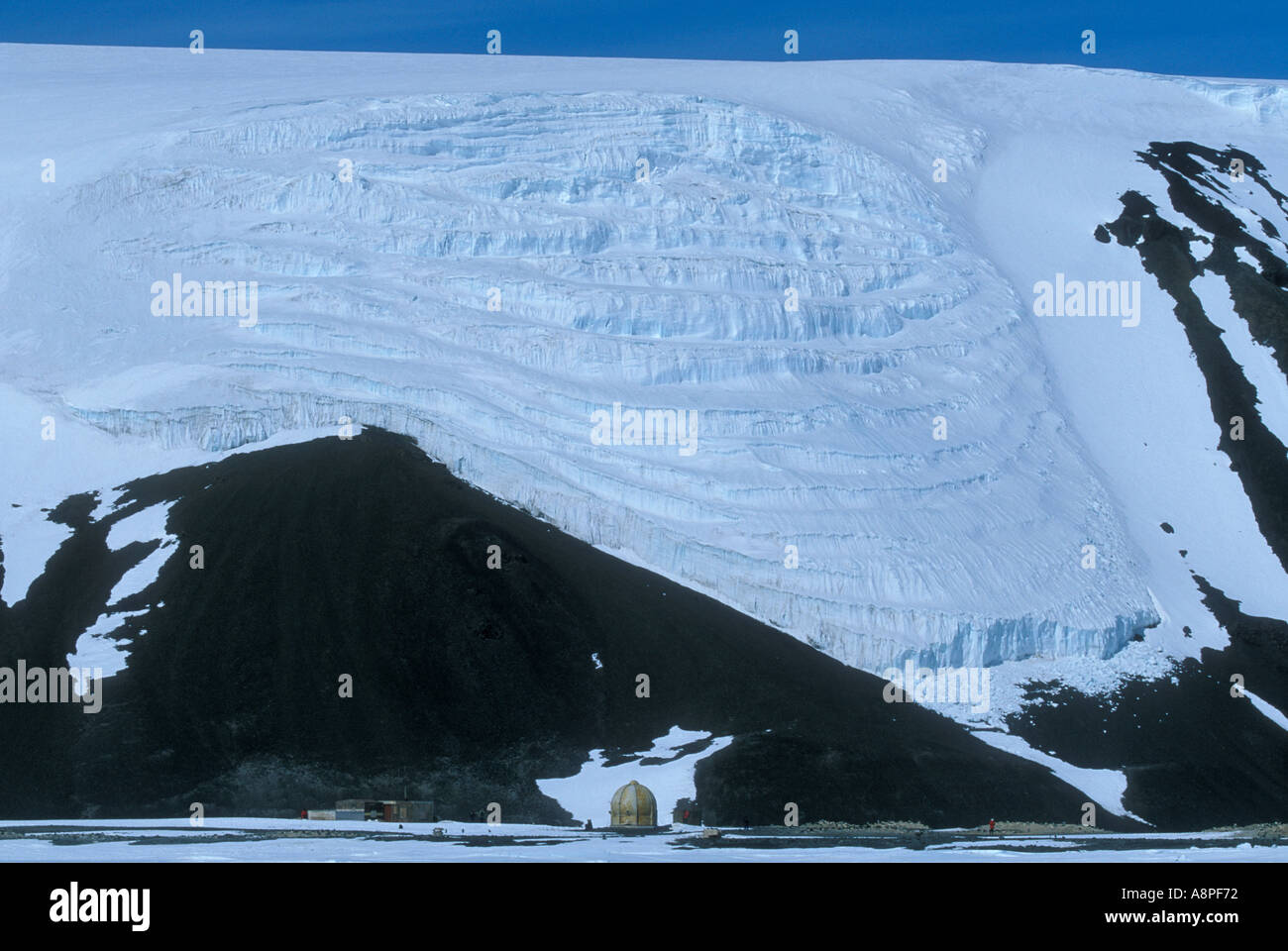 OGIVES Glacial Feature showing periodic or annual surges Cape Hallett Ross Sea ANTARCTICA Stock Photo