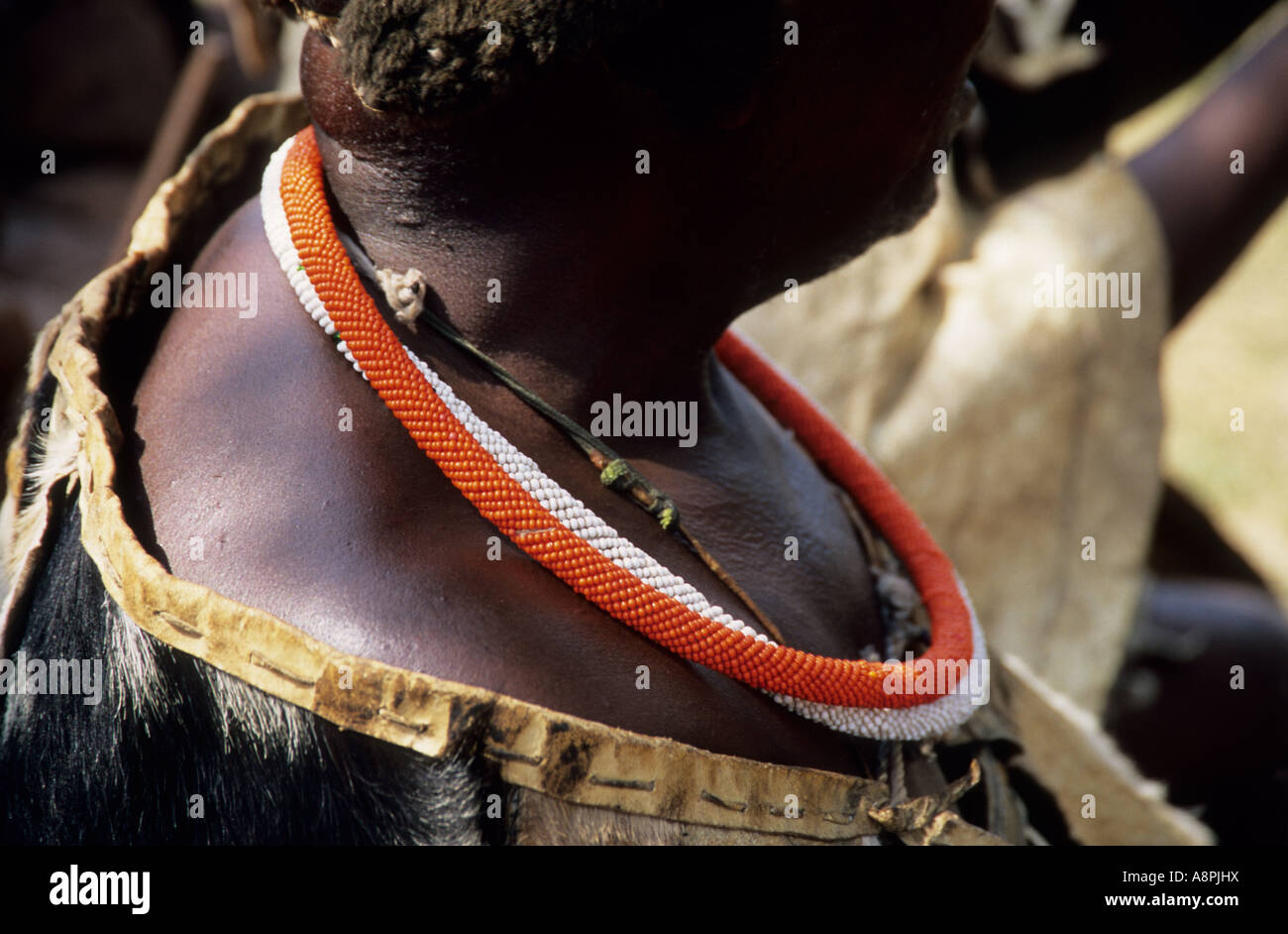 Culture, people, traditional African ethnic dress, bead jewellery, Ndebele adult man, body decoration, South Africa, tribal costume Stock Photo