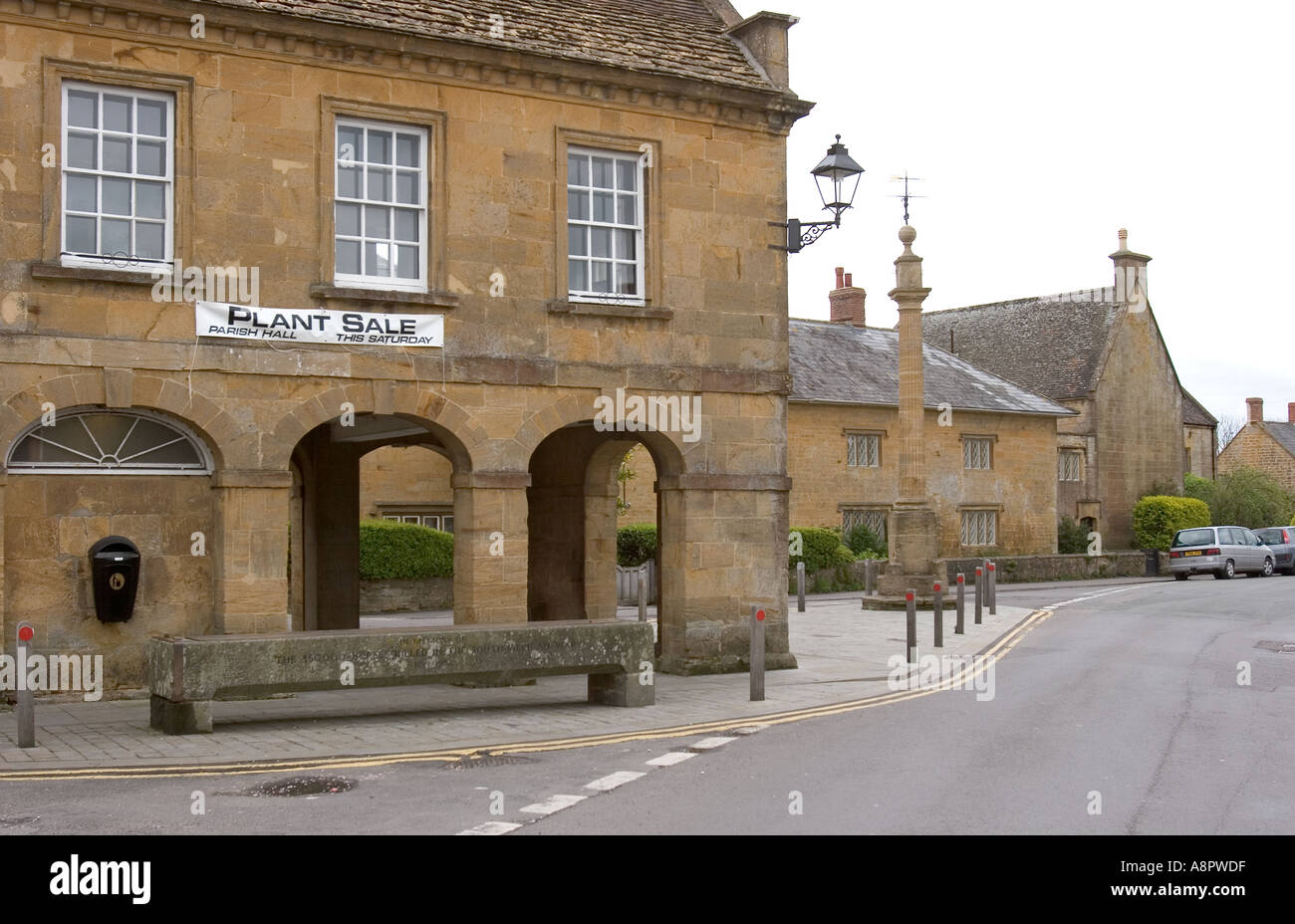England Somerset Martock town centre with Market Hall and pinnacle