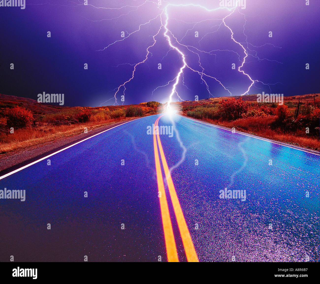 Lightning striking Road Stock Photo Alamy