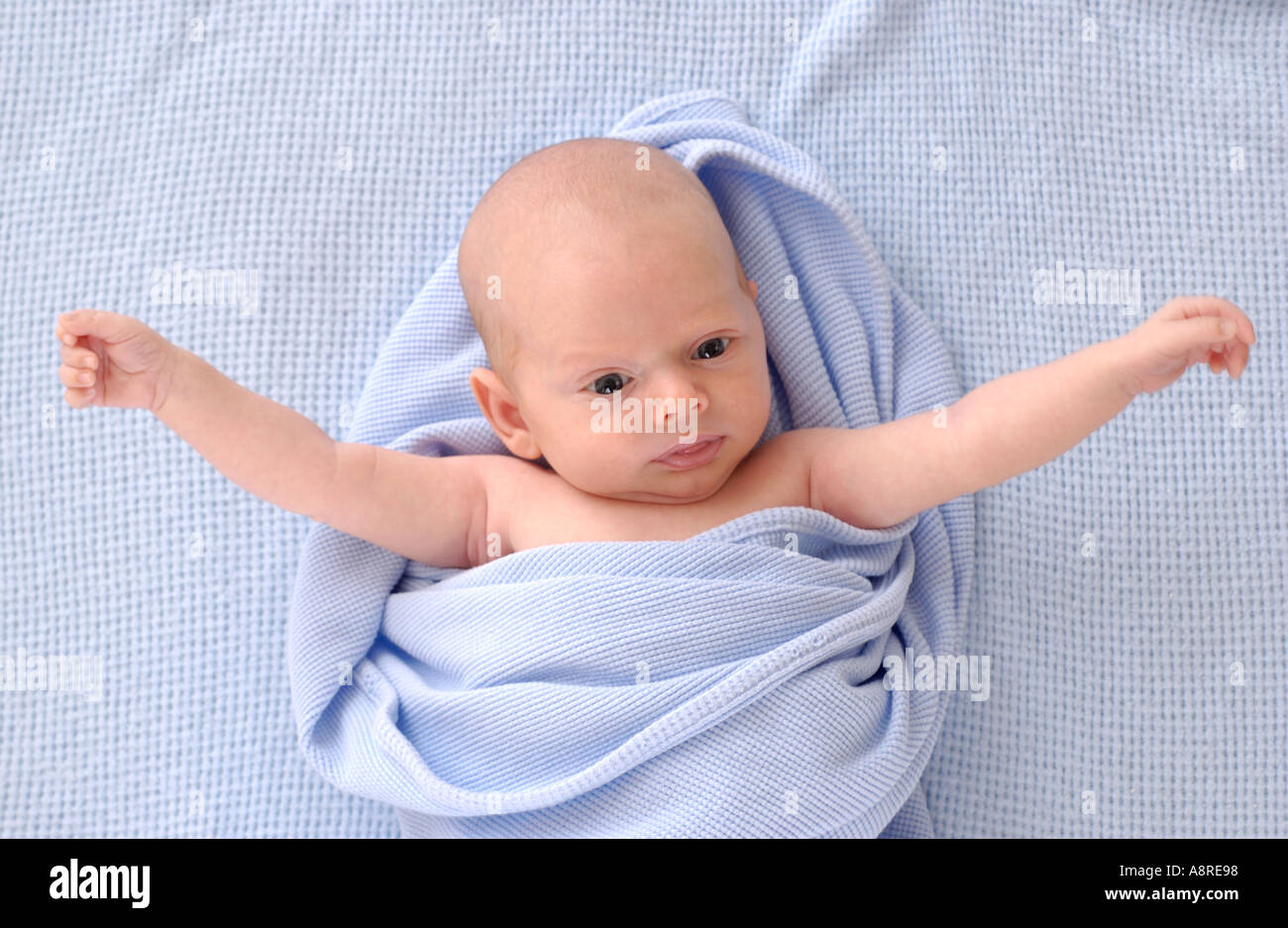 Newborn baby with outstretched arms on blue blanket Stock Photo Alamy