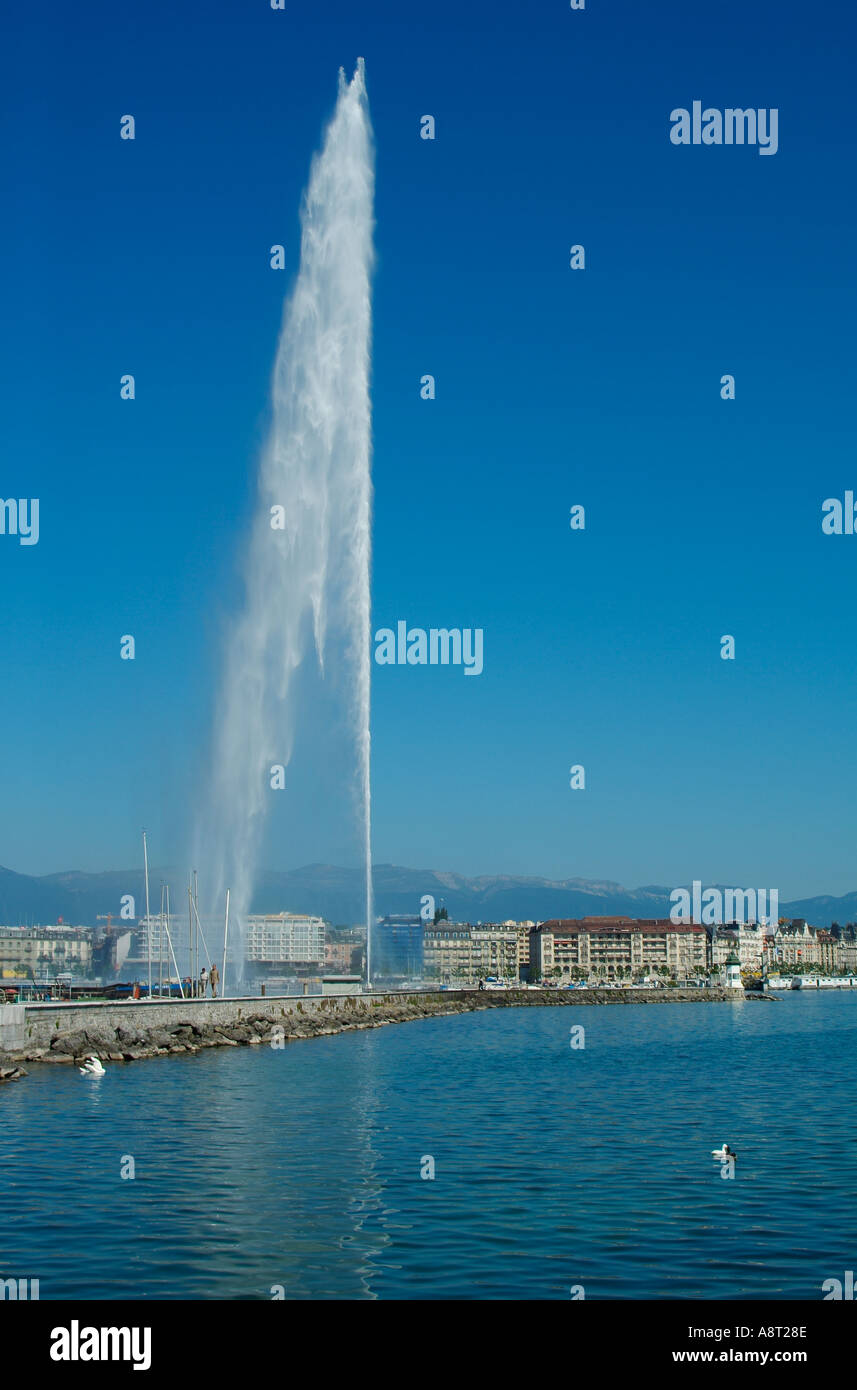 Lake Geneva marina and the Jet d eau Switzerland Europe Stock Photo