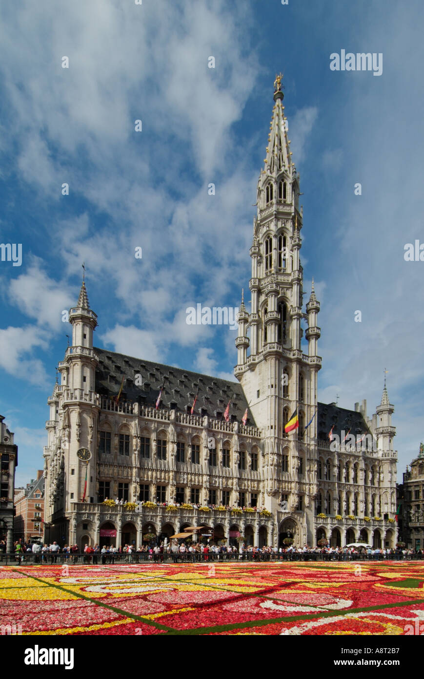 Grand place Brussels showing the Town Hall and the 2004 flower carpet art deco theme Brussels Belgium EU Europe Stock Photo