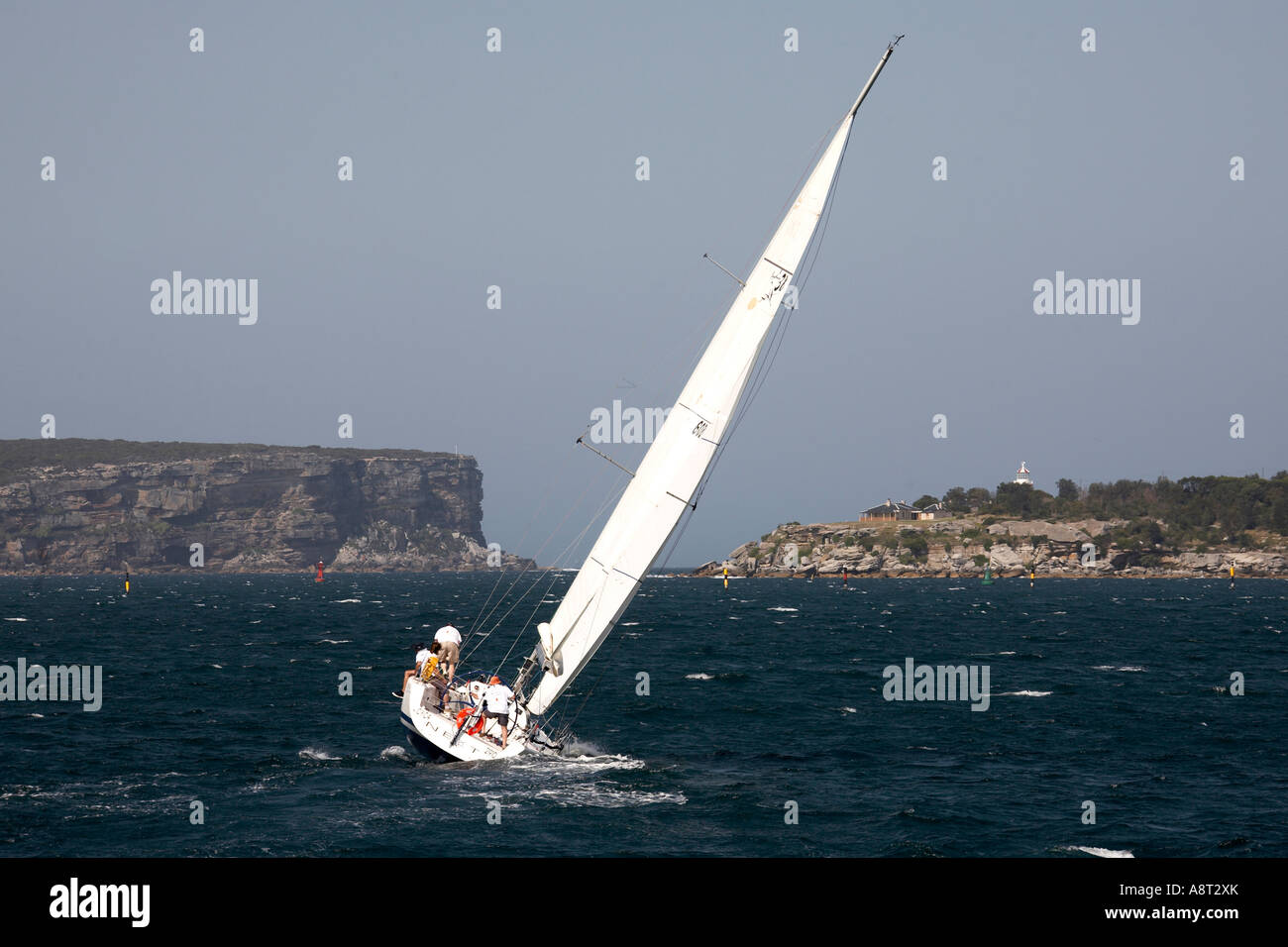 Sailing boat heeled over on tack near entrance to harbour in Sydney New