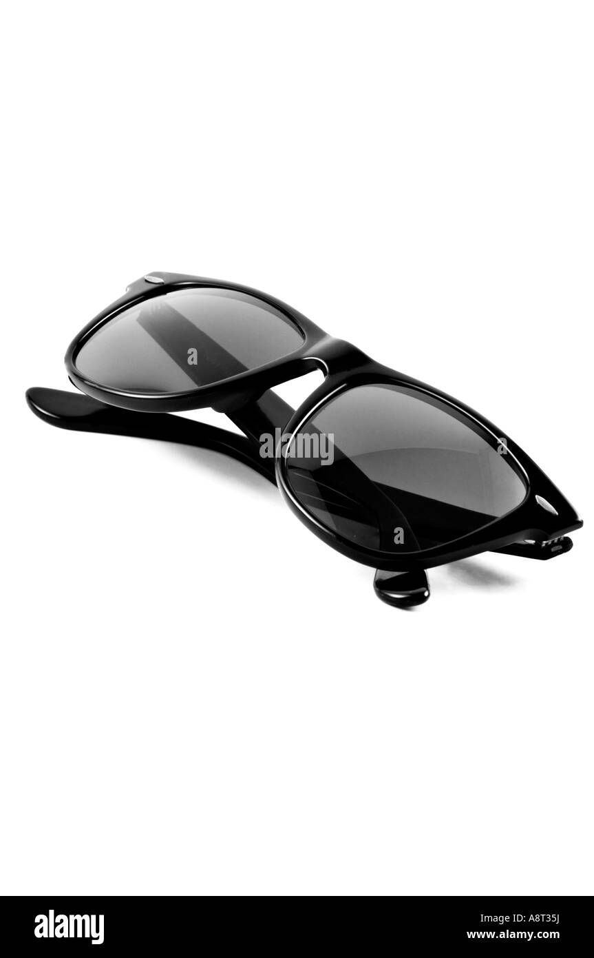 Pair of Black Sunglasses on White Background B W Stock Photo