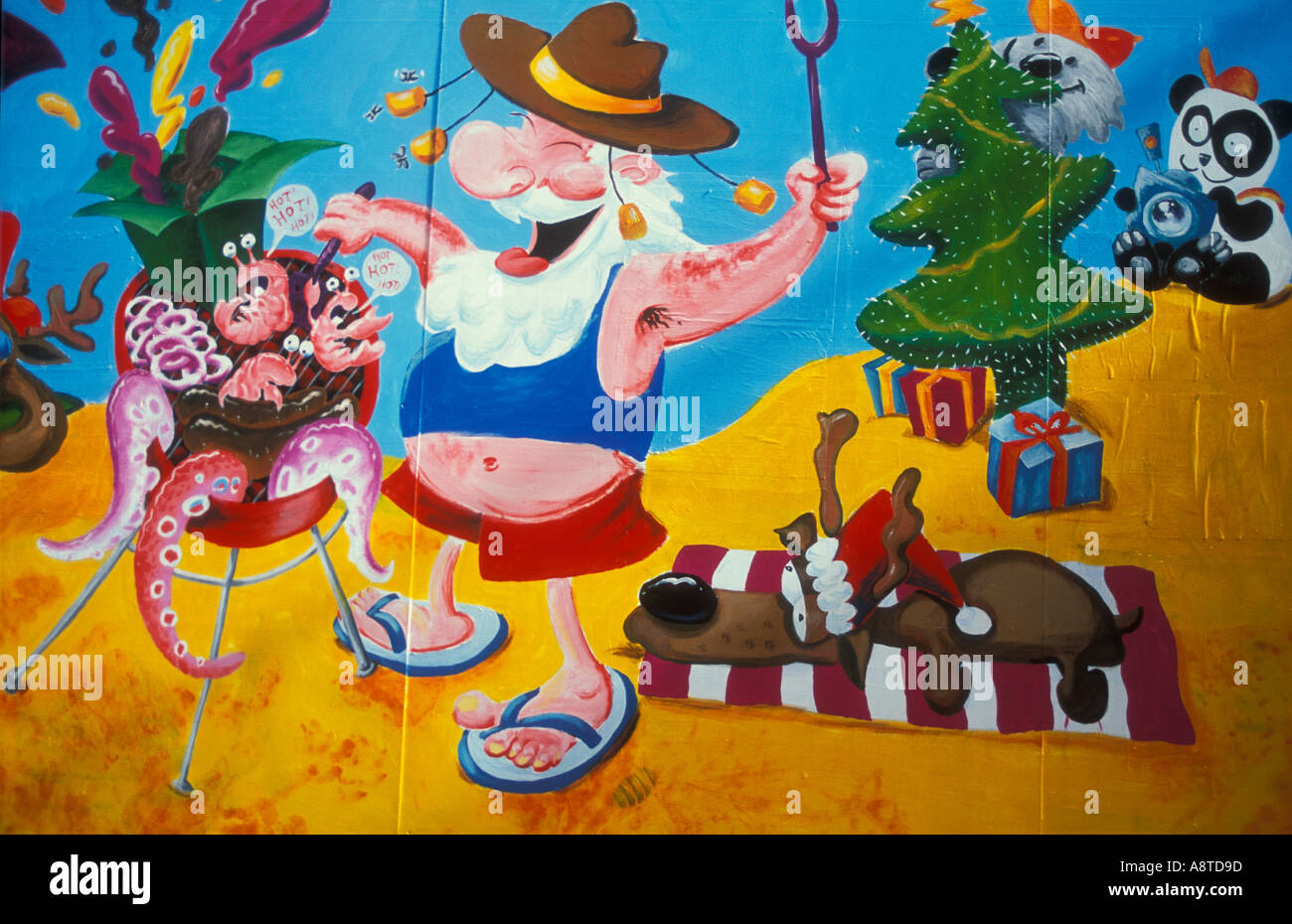 Australian Christmas barbeque mural on a hoarding in Rundle mall Adelaide South Australia Stock Photo