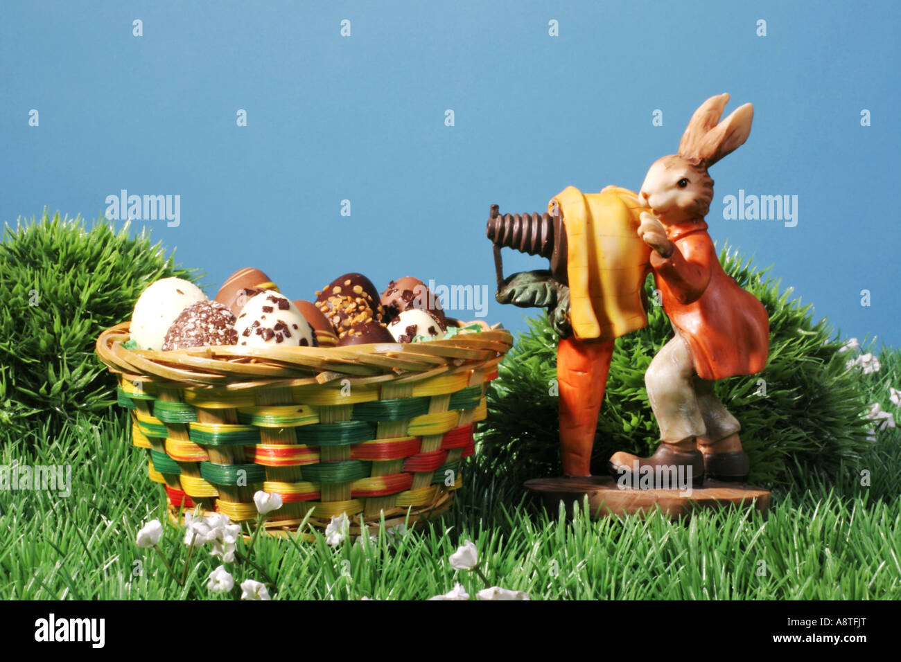 Easter bunny takes a picture of a basket with Easter eggs Stock Photo ...