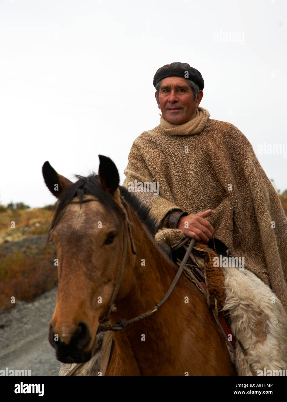 Gaucho on horse in lake district, Chile Stock Photo