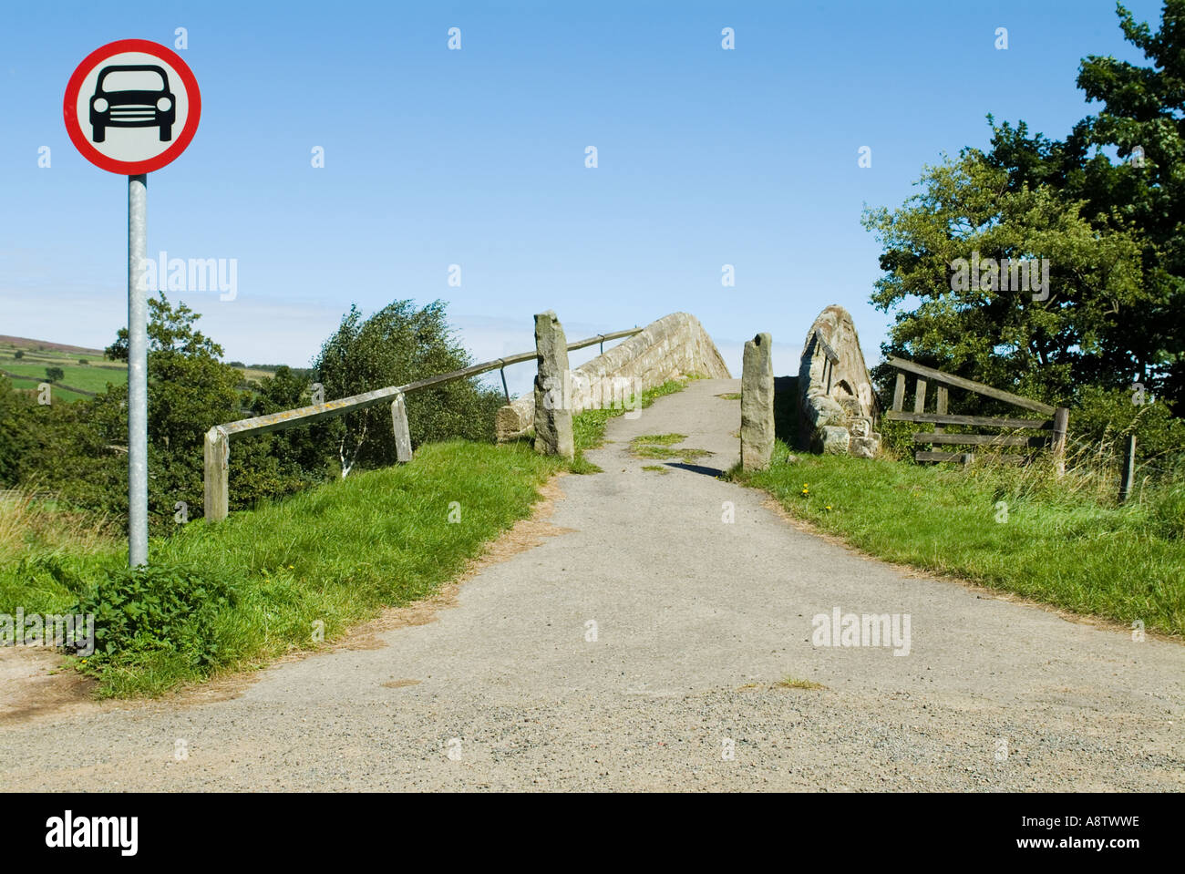 Humpback bridge with No Entry for Cars Sign in North Yorkshire Stock Photo