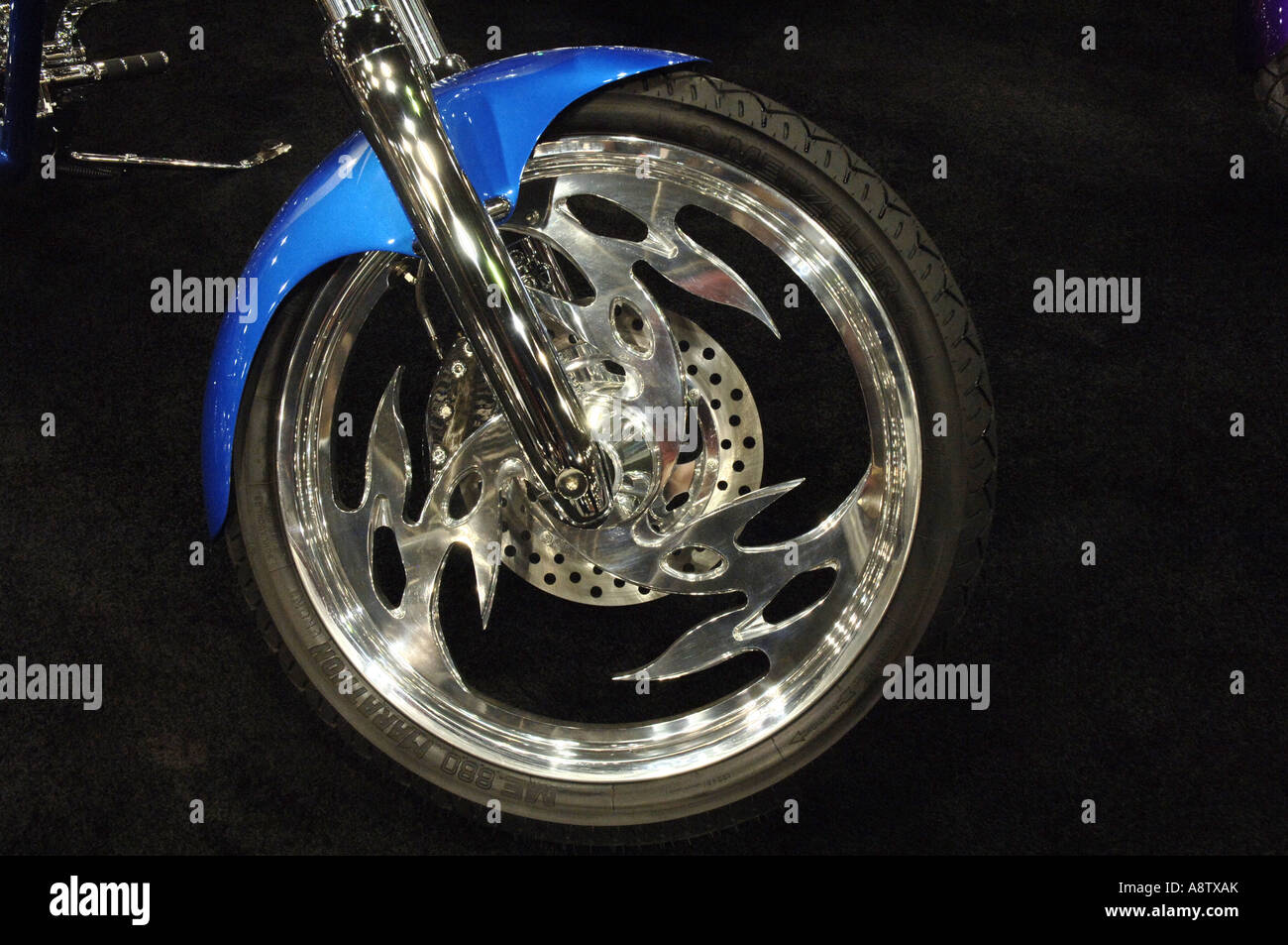 Motorcycle Show Custom motorcycle wheel. Stock Photo