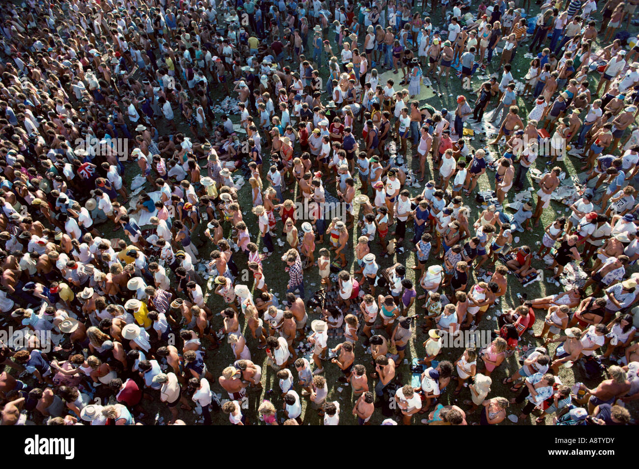 Overhead view of crowds at outdoor rock music concert. Stock Photo