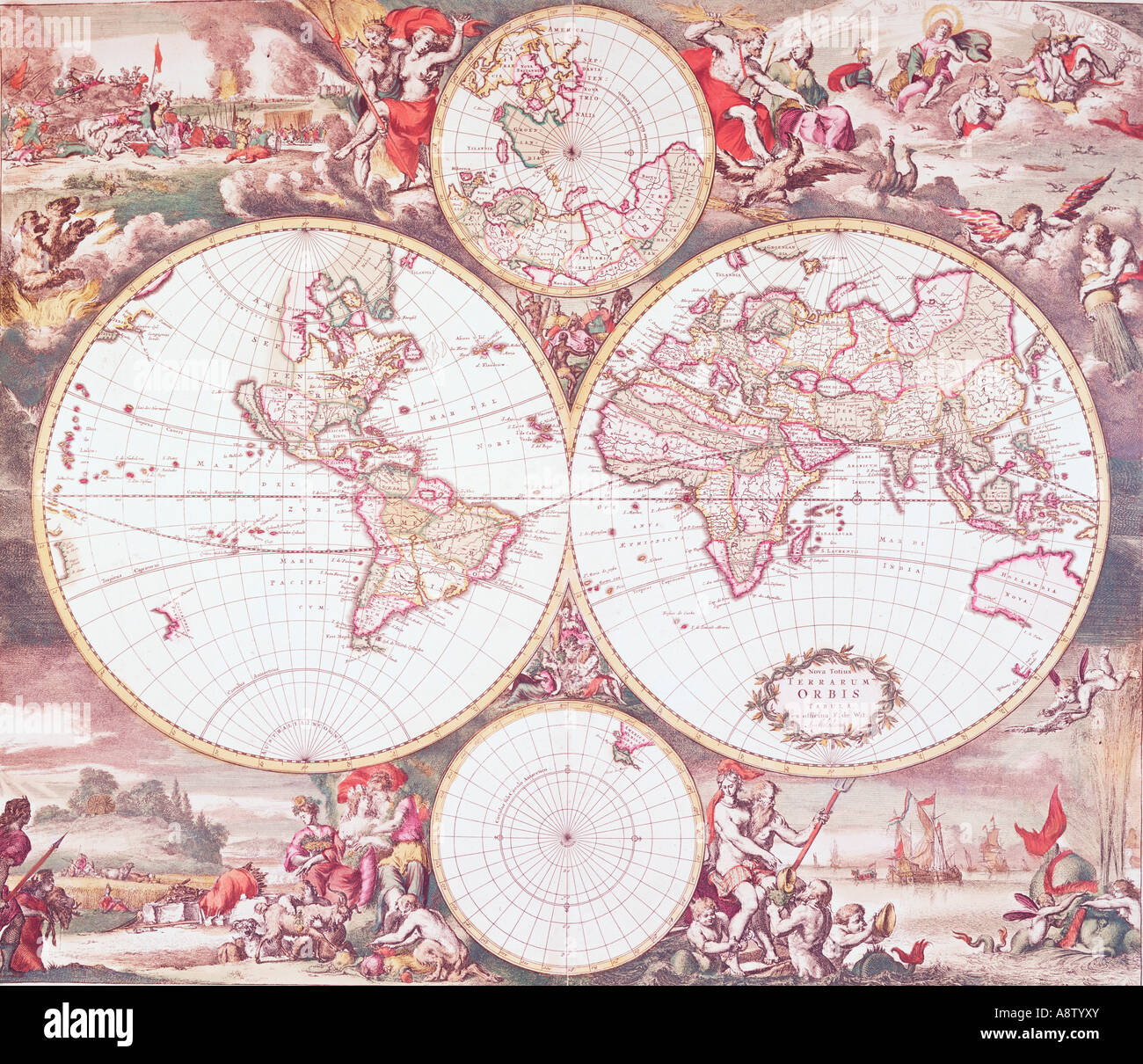 Still-life of classic old map of the world. Terrarum Orbis Tabula by Frederick de Wit, circa 1675. Stock Photo
