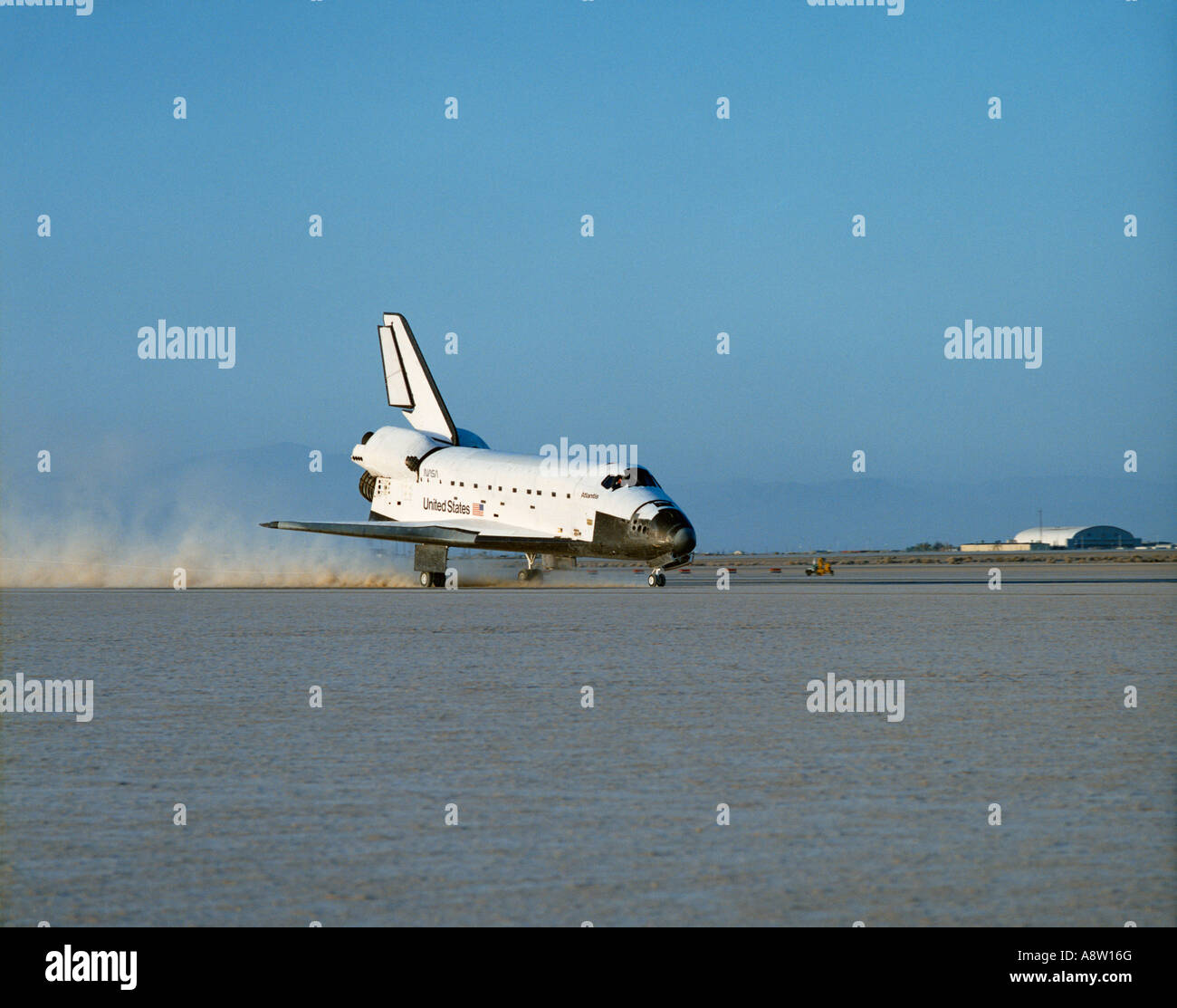 USA. California.  NASA Space Shuttle Atlantis landing at Edwards Air Force Base. Stock Photo