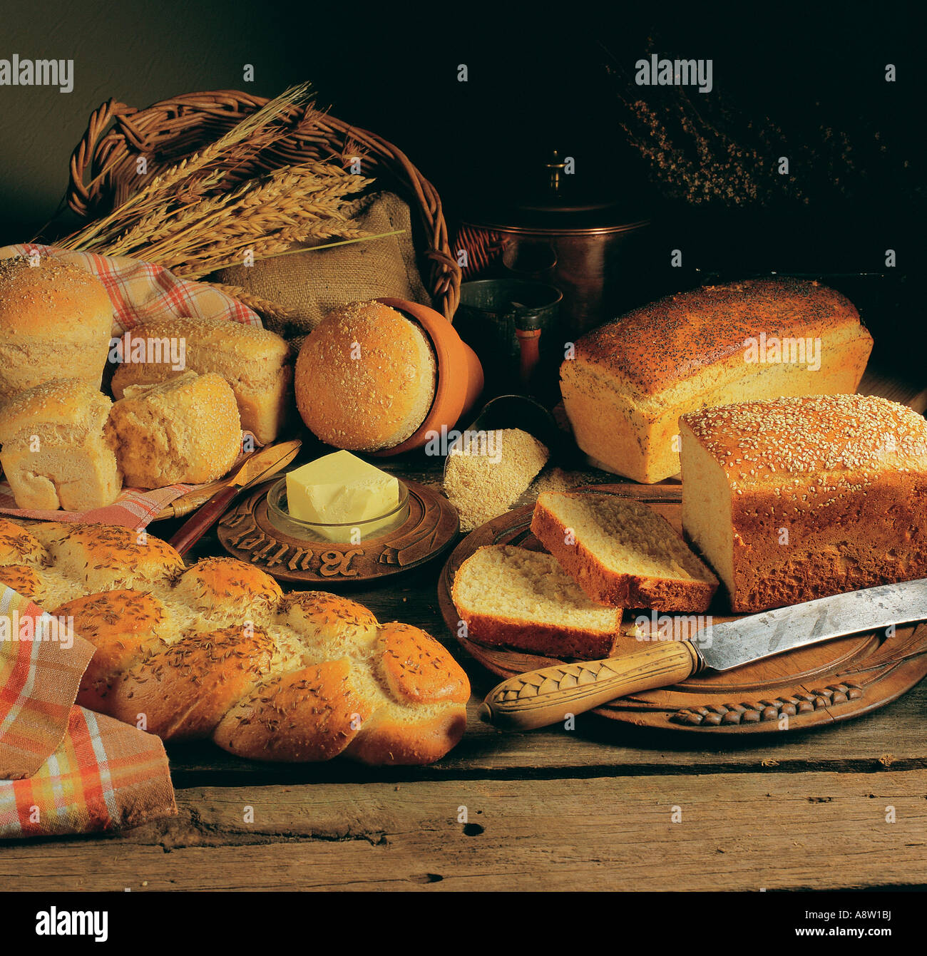 Indoor food still life  of country bread loaves selection. Stock Photo