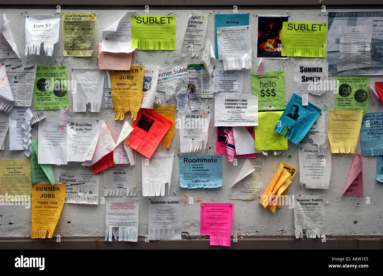 bulletin board with postings notes and notices layered in a busy school community setting Stock Photo