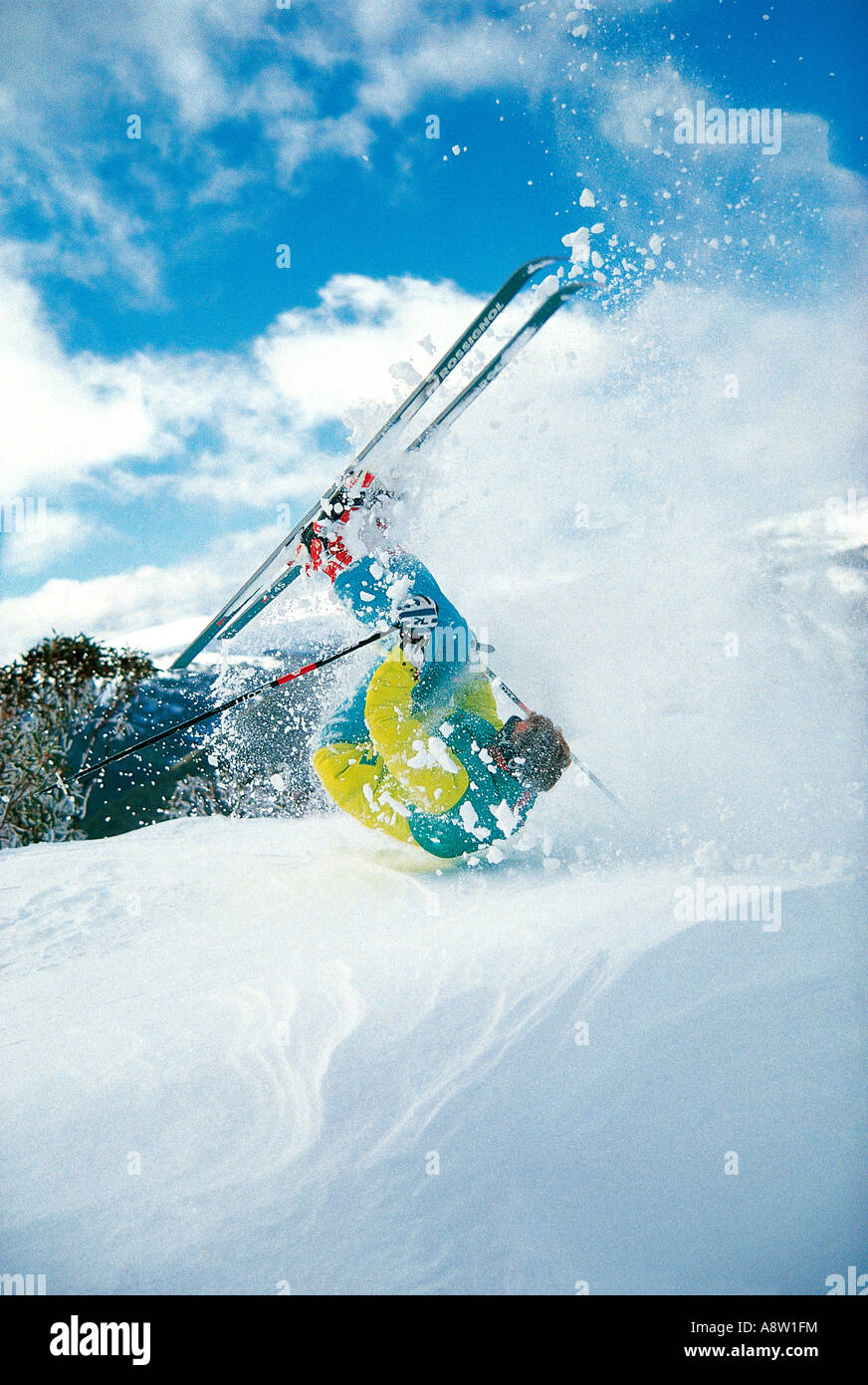 Man snow skiing. Somersaulting. Australia. Stock Photo