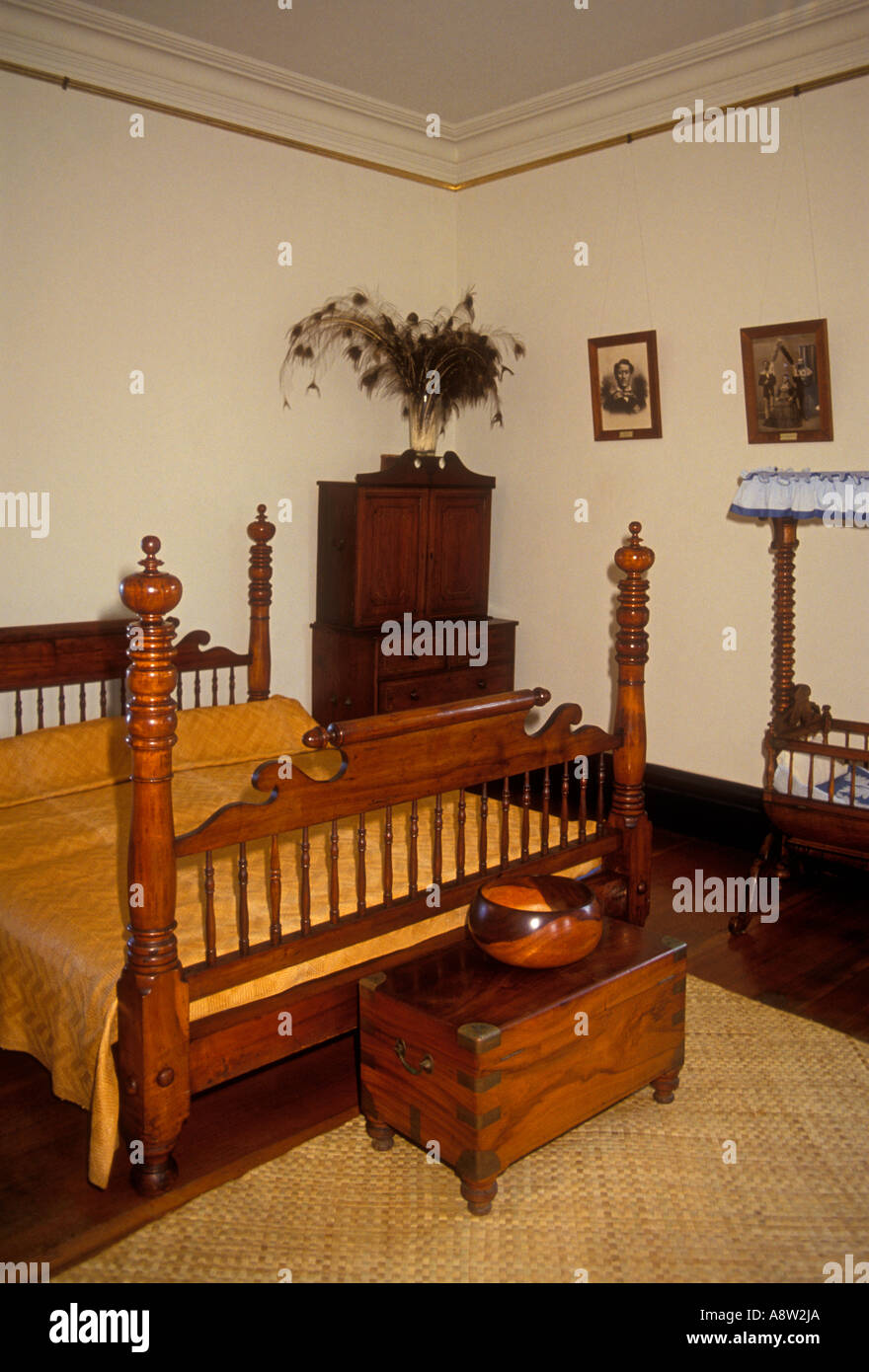 bedroom, exhibit, Hulihee Palace, now a museum, Kailua-Kona, Kohala Coast, Hawaii Island, Hawaii Stock Photo