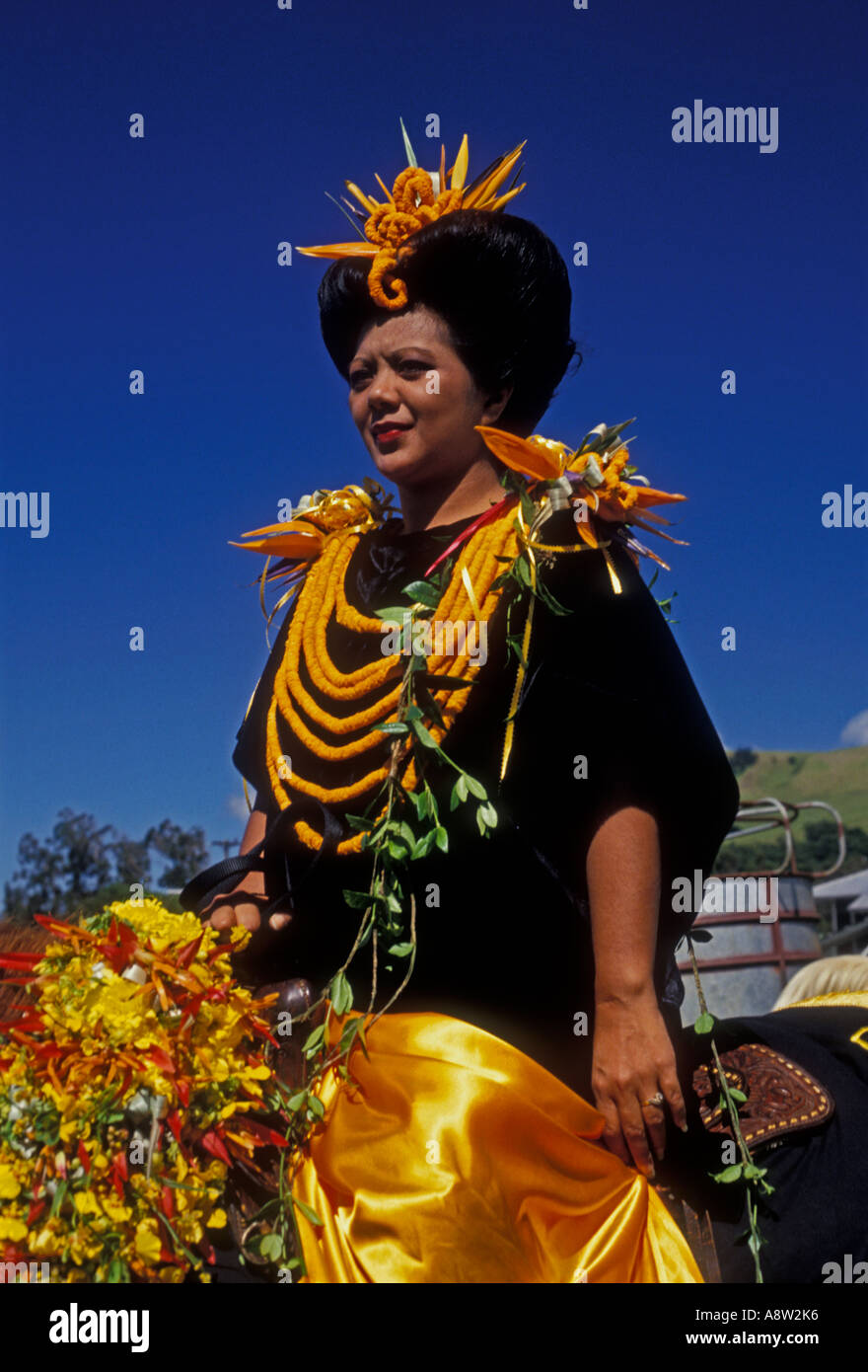 1, one, Hawaiian woman, adult woman, half-length, portrait, Paniolo Parade,  Aloha Festival, Waimea, Hawaii Island, Hawaii Stock Photo - Alamy